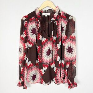 Loft Popover Top Quilt Pattern Boho Blouse Brown Size Petite Large Women's